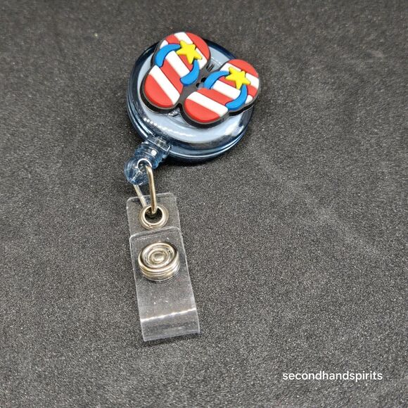 Red White Blue Flip Flops Badge Reel, Retractable Badge Holder Clip, ID Holder - Picture 1 of 2